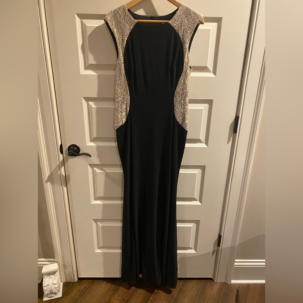 Xscape Black and Cream Lace Maxi Dress
